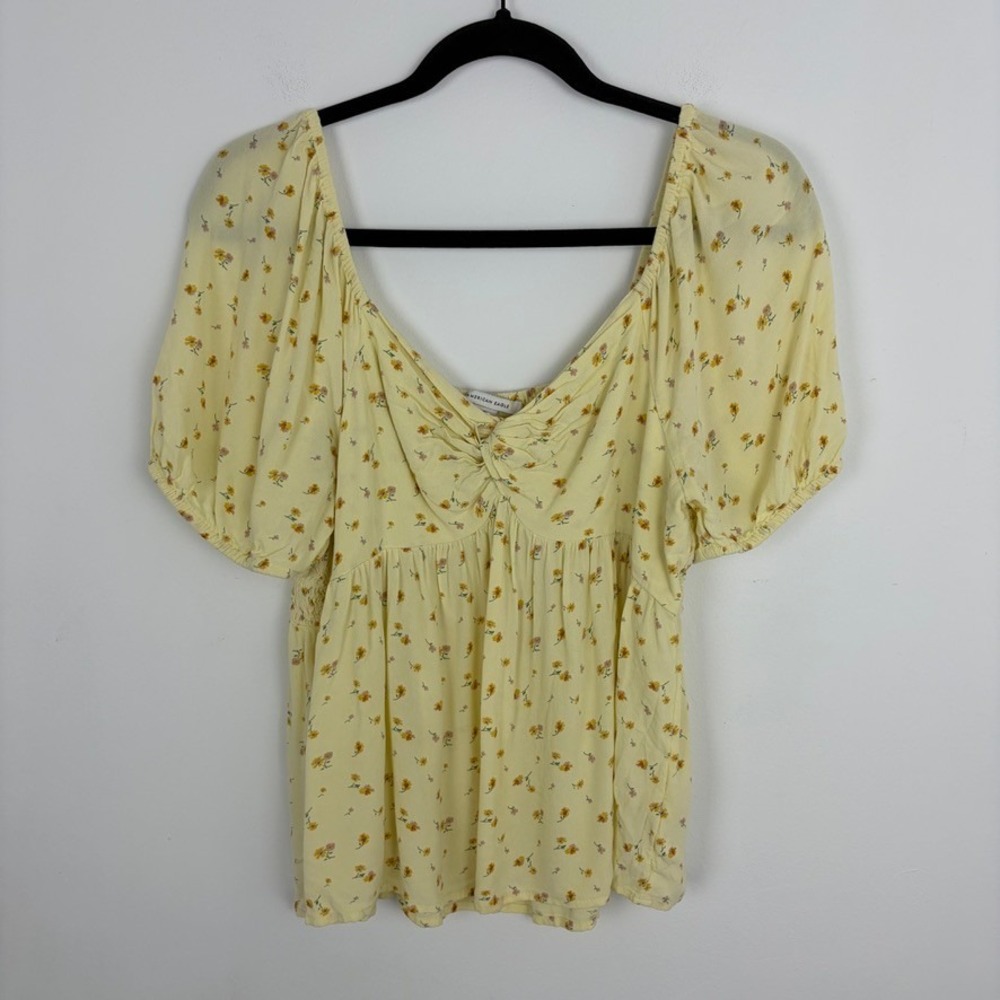 American Eagle Babydoll Blouse Yellow Floral Short Sleeve Boho Cottage Large